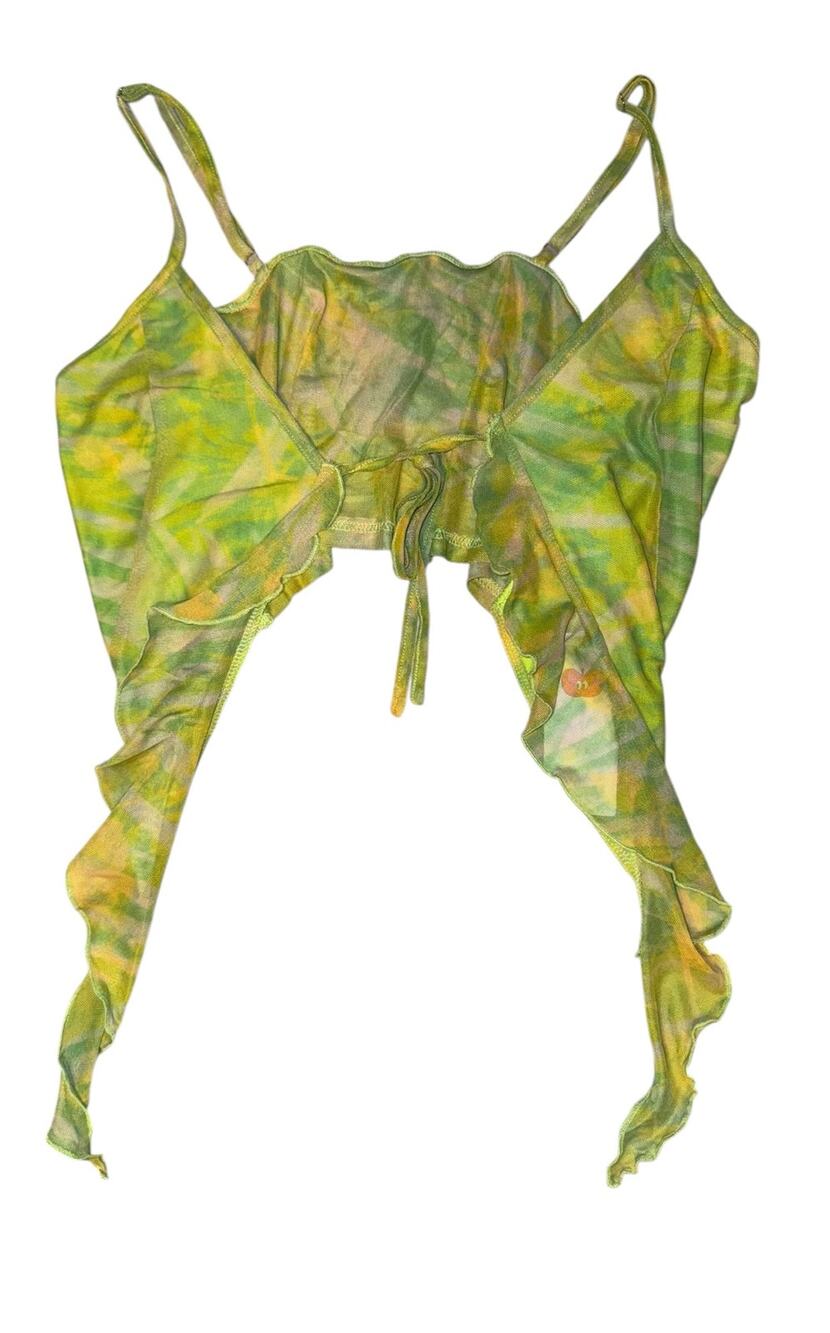 Cider Y2K Fairy Green Yellow Tie Dye Mesh Tie Crop Top LG Asymmetrical Ruffle